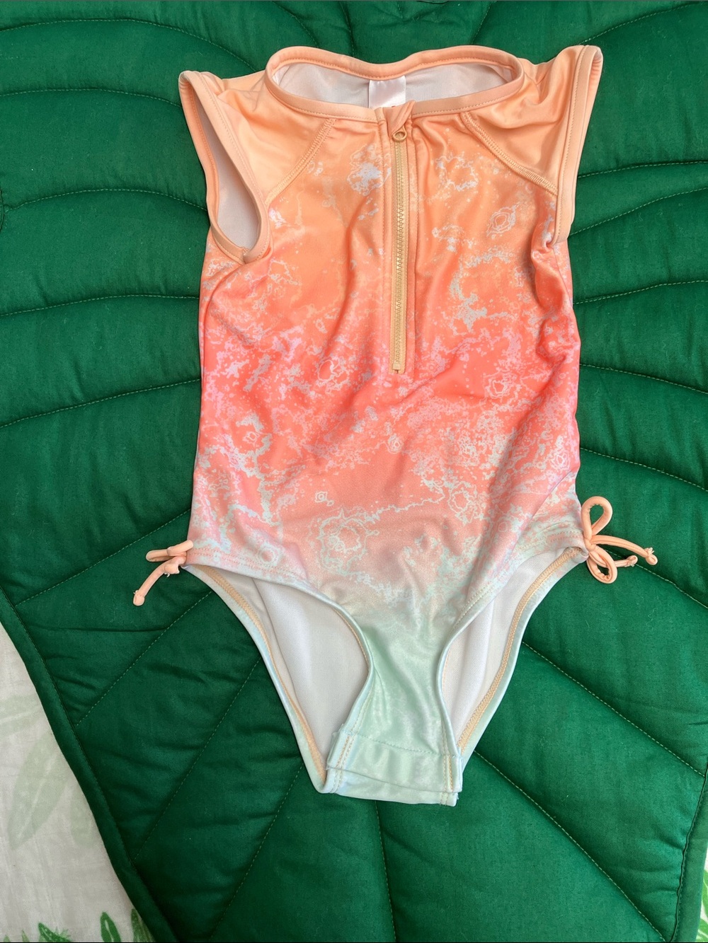 NWOT cat and Jack one piece zip front swimsuit, orange/mint. Size 5T.